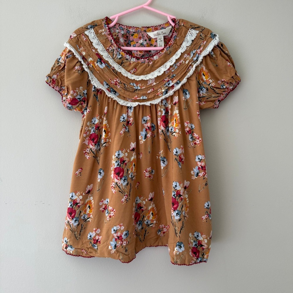 Matilda Jane Girls Floral Lace Trim Tunic Top Mustard Brown Size 6